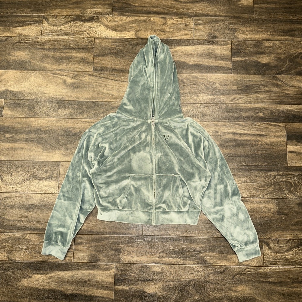 Y2K Victorias Secret Velour Full-Zip Hoodie Women's Small Green Embroidered Logo